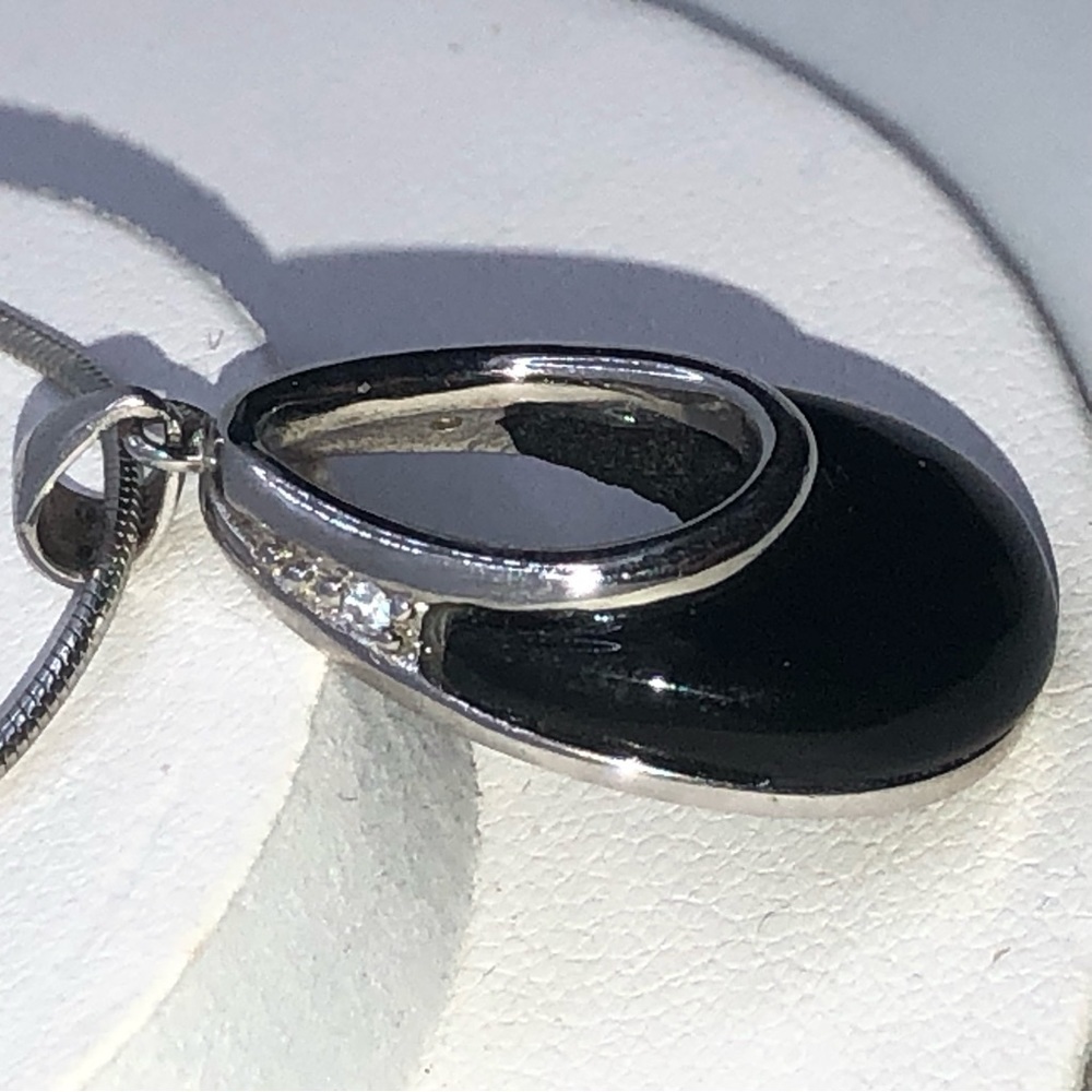 Vtg Sterling Onyx & Cz Accent Pendant w 925 Snake Chain 16” + 1.2” Pendant - Picture 2 of 9
